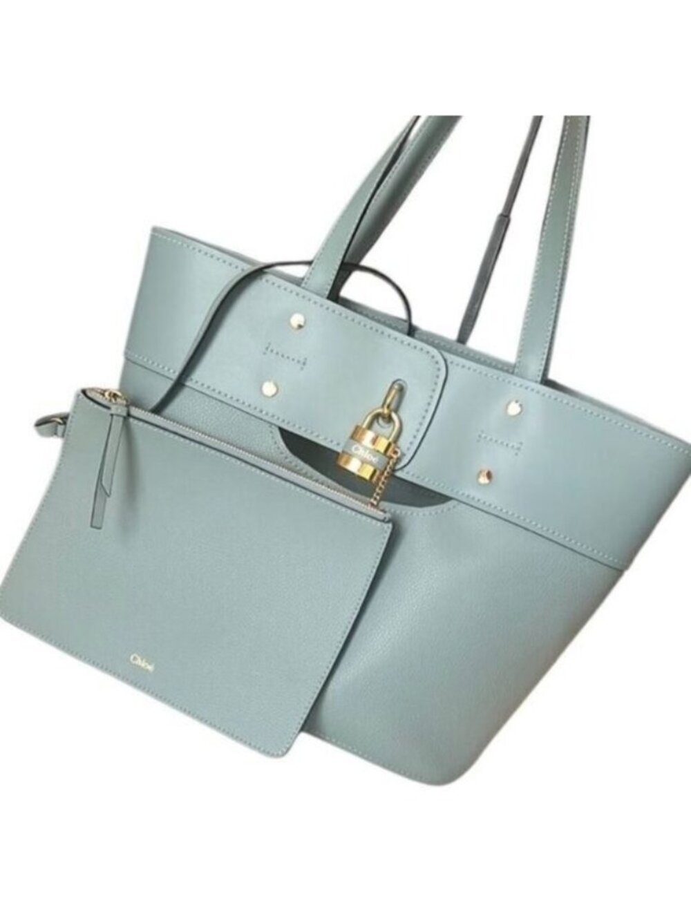 Chloé Aby Blue Leather Gold Lock and Key Attached Pouch Handbag Tote with COA